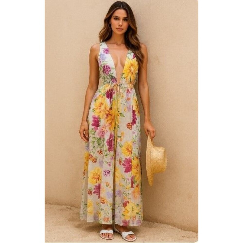 H&M Maxi Dress Floral Summer Linen V Neck Sleeveless NWT Womens Size L